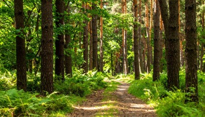 Obraz premium Lush Green Forest Path with Tall Trees and Sunlit Ferns