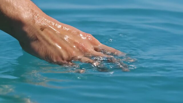 Hand in Water, Close Up - A close-up shot of a person's hand submerged in clear, blue water. The hand is slightly wet, and small ripples and bubbles are visible around it.