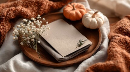 Fototapeta premium Thanksgiving tabletop arrangement featuring a dark wooden plate with pumpkins and decorative elements