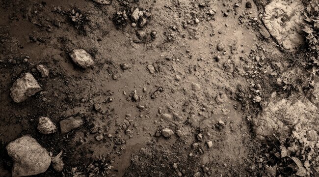 Close-up view of muddy, rocky ground - Powered by Adobe