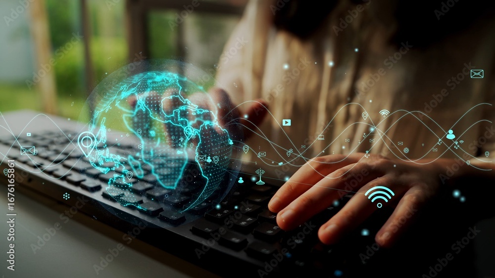 Poster close-up of hands typing on a keyboard with a digital globe and floating technology icons representi