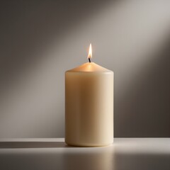Studio photo of a white pillar candle, minimal product photo, seamless background, no branding, cozy lighting object.