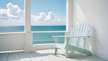 Serene beach scene with a blue chair overlooking the ocean on a sunny day.