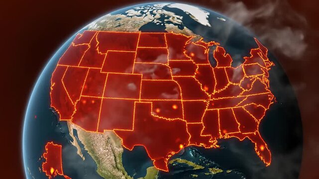 USA Climate Change Simulation - A dramatic animation depicting the effects of global warming on the United States, showing the country engulfed in intense heat with glowing borders.