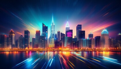 Fototapeta premium blurry city skyline glowing with night lights