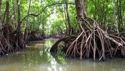 Obraz premium Serene Mangrove Forest with Reflection in Calm Waterway