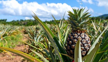 Obraz premium Fresh Pineapple on Plant in Lush Agricultural Field Under Clear Sky