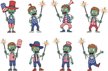 Cartoon zombies celebrating Fourth of July with sparklers and American flag outfits, patriotic undead characters, funny USA Independence Day illustration.
