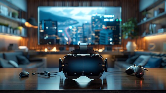 Immersive virtual reality headset and gaming accessories on a wooden table with a large screen display in the background