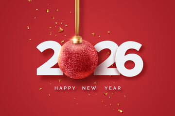 White numbers 2026 with glitter red bauble hang on ribbon and golden confetti on red background. New Year greeting card