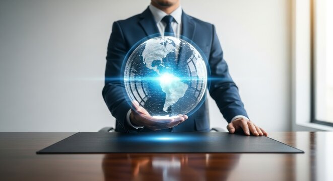 A businessman hovers a holographic representation of the world in his hands, a display of innovative technology and global reach.