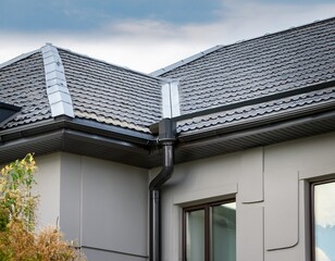 corner of house with windows new gray metal tile roof and rain gutter metallic guttering system guttering and drainage pipe exterior
