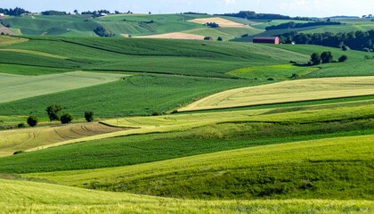 Fototapeta premium Serene Green Fields Under Bright Blue Sky in Rural Landscape
