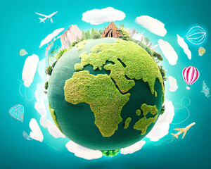 Naklejka premium A vibrant green planet representing global travel and nature's beauty, surrounded by clouds, airplanes, and a hot air balloon.