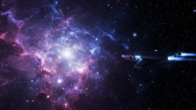 Futuristic Spaceship in Nebula - A sleek, futuristic spacecraft with glowing engines travels through a vibrant, swirling nebula in deep space.