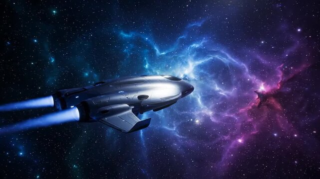 Futuristic Spaceship in Nebula - A sleek, silver spaceship with bright blue engine thrusters navigates through a vibrant purple and blue nebula.
