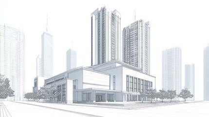 Fototapeta premium Urban sketch of buildings in city environment, rendered in grayscale pencil