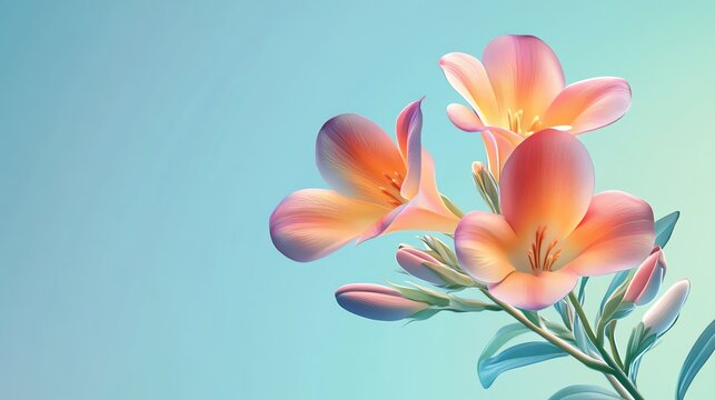 against a soft, light blue background, a cluster of luminous flowers and buds are presented,3D soft pop - Powered by Adobe