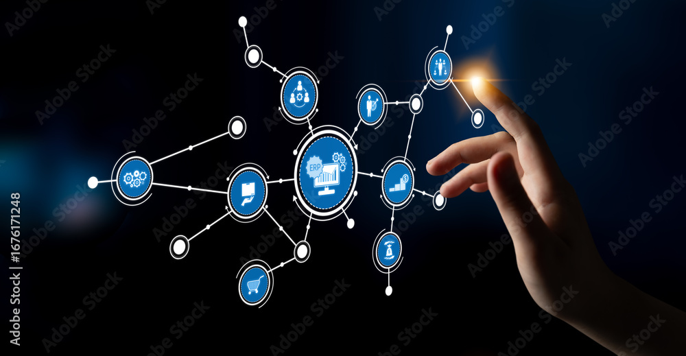 Poster a hand reaches out to interact with a digital touchscreen displaying various icons representing tech