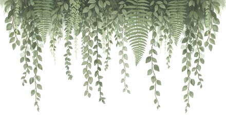 Elegant watercolor hanging greenery border with lush ferns and delicate trailing vines creating a serene botanical atmosphere for design projects