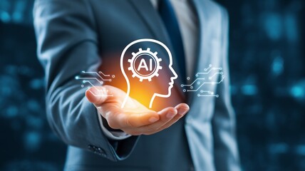 Businessman presenting AI technology concept with circuit board and glowing head silhouette