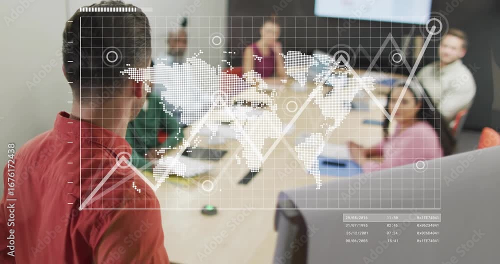 Poster presenter turning toward display and activating world map overlay rising line graph in business