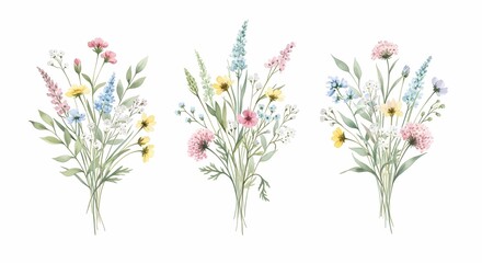 Naklejka premium Elegant wildflower bouquets for wedding invitations and spring designs bring a touch of nature with delicate blooms and soft pastel colors