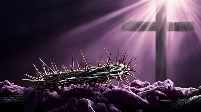 The crown of thorns with a cross behind it symbolizing the crucifixion AI Generated