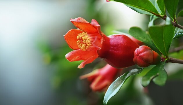 close up of red pomegranate flower buds on tree n symbol of growth bloom - Powered by Adobe