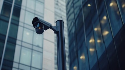 Modern CCTV camera mounted on a sleek pole focused on a corporate office building entrance with reflective glass windows and a secure professional environment in a business district
