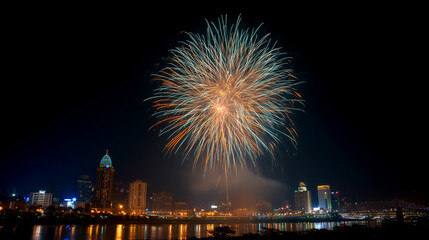 Colorful fireworks exploding over city skyline at night with reflections on water during celebration
