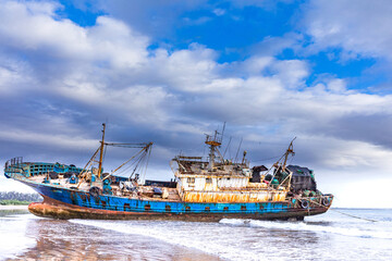 Shipwreck fishing boat wreckage stalled Malindi Pier Jetty Butwani Waterfront Bridge Mnarani Road Highway Kilifi County Kenyan Coastal Region Golden Sand Beach Travel Documentary EastAfrica