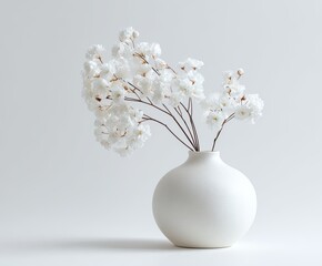 A single, simple white vase holds a cluster of delicate white blossoms against a neutral backdrop