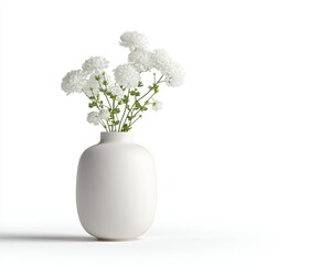 A simple white vase holding a cluster of white flowers against a white background