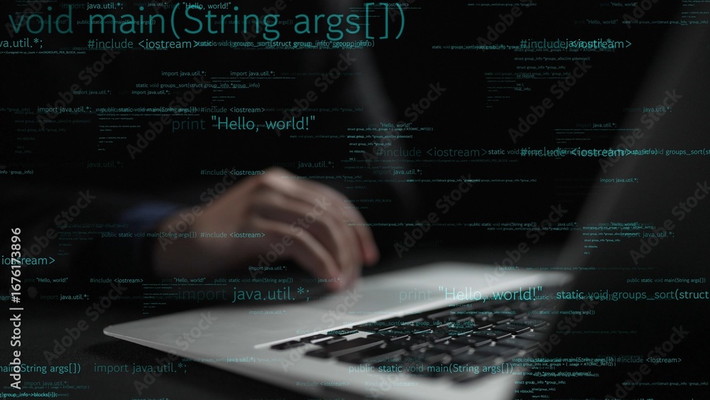 Aufkleber a close-up shot of hands typing on a laptop, surrounded by lines of code. this image emphasizes the 