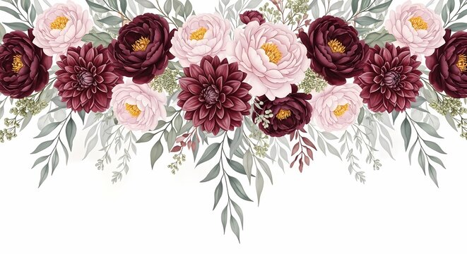Elegant floral arrangement with burgundy dahlias and blush peonies for sophisticated wedding invitations and upscale branding projects