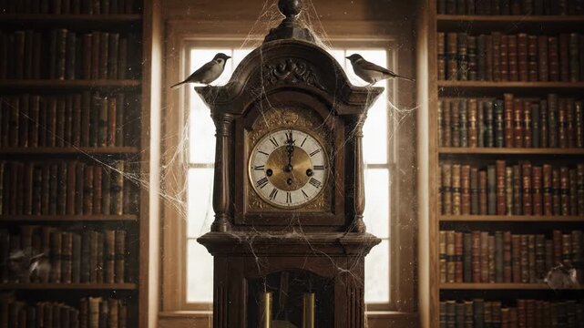 Antique Grandfather Clock in Dusty Library with Birds - A majestic antique grandfather clock stands in a dimly lit library, adorned with cobwebs.