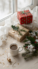 Christmas holiday decor with gifts and coffee cup by the window for festive home celebration vibe