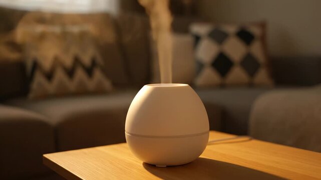 Aromatherapy Diffuser in Cozy Living Room - A white aromatherapy diffuser emits a gentle steam on a wooden coffee table in a living room setting.