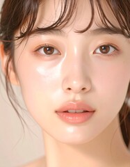 日本人, 超リアル, 若い美しい女性, 顔アップ, 滑らかな肌, ツヤのある肌質, ナチュラルメイク, 柔らかな光, 美容広告風, シネマティック, カメラ目線, 高画質, Japanese, ultra-realistic, young beautiful woman, face close-up, smooth skin, radiant complexion, natural makeup
