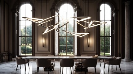 Modern chandelier with geometric shapes and LED bulbs suspended in an elegant dining room with high ceilings marble flooring and a long table surrounded by upholstered chairs