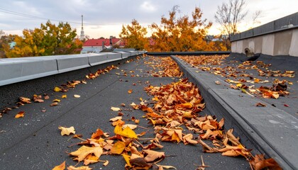 Autumn Leaves on Flat Roof Surrounded by Colorful Trees