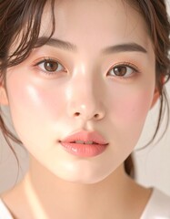 日本人, 超リアル, 若い美しい女性, 顔アップ, 滑らかな肌, ツヤのある肌質, ナチュラルメイク, 柔らかな光, 美容広告風, シネマティック, カメラ目線, 高画質, Japanese, ultra-realistic, young beautiful woman, face close-up, smooth skin, radiant complexion, natural makeup