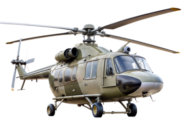 Military helicopter isolated on transparent background is a rotorcraft that uses rotating blades to generate lift and thrust for flight