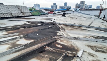 Aerial View of Urban Rooftops with Stained Surface and Skyline