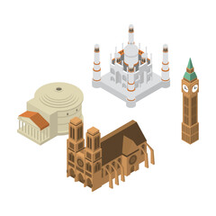 Set isometric illustrations of famous architectural landmarks across different continents