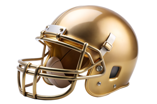 A shiny golden american football helmet with a face mask isolated on transparent background, perfect for sports and equipment related designs