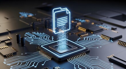 Digital document data flowing through advanced computer circuit board technology