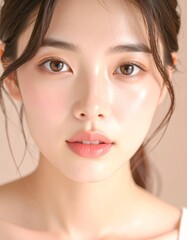Naklejka premium 日本人, 超リアル, 若い美しい女性, 顔アップ, 滑らかな肌, ツヤのある肌質, ナチュラルメイク, 柔らかな光, 美容広告風, シネマティック, カメラ目線, 高画質, Japanese, ultra-realistic, young beautiful woman, face close-up, smooth skin, radiant complexion, natural makeup