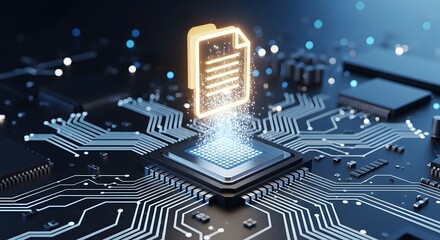 Glowing digital document icon emerges from a futuristic computer processor chip